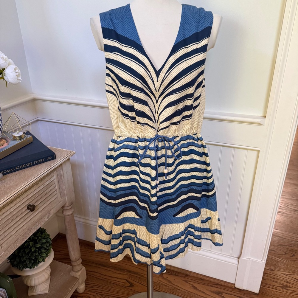 Anna Cate Blue Cream Abstract Wavy Print Cotton V-Neck Mini Dress NWT L